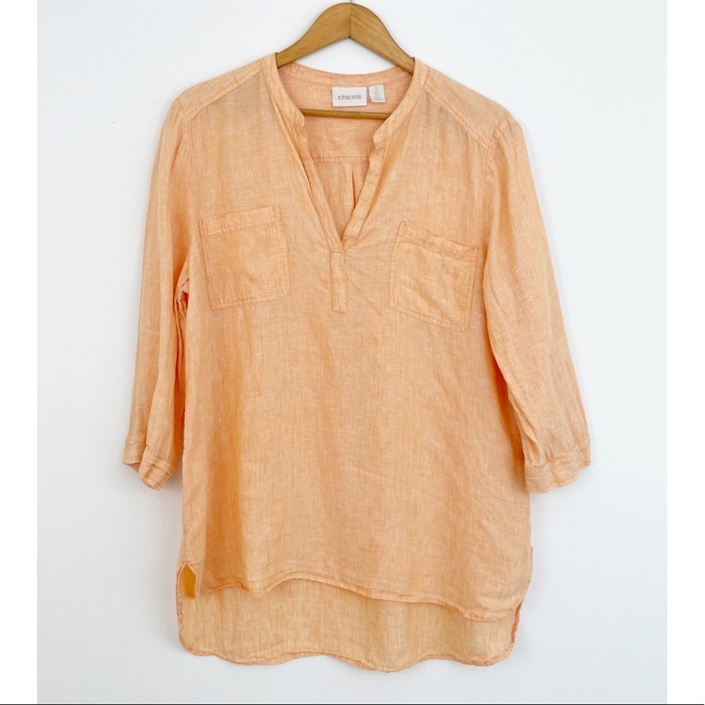 Chico’s Orange 100% Linen 3/4 Sleeves Shirt Size 2